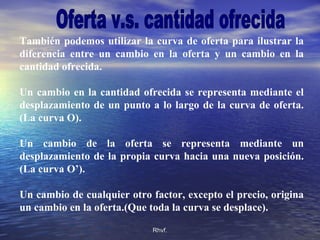 Rhvf.Rhvf.
También podemos utilizar la curva de oferta para ilustrar la
diferencia entre un cambio en la oferta y un cambio en la
cantidad ofrecida.
Un cambio en la cantidad ofrecida se representa mediante el
desplazamiento de un punto a lo largo de la curva de oferta.
(La curva O).
Un cambio de la oferta se representa mediante un
desplazamiento de la propia curva hacia una nueva posición.
(La curva O’).
Un cambio de cualquier otro factor, excepto el precio, origina
un cambio en la oferta.(Que toda la curva se desplace).
 