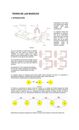 TEORIA DE LAS MUESCAS
1. INTRODUCCIÓN


                                                                         Supongamos que existe
                                                                         una máquina que realiza
                                                                         muescas sobre unos
                                                                         moldes     de    forma
                                                                         cuadrangular.

                                                                         La máquina posee dos
                                                                         operadores: un extrusor,
                                                                         que es el instrumento
                                                                         que realiza las muescas
                                                                         sobre el molde y, una
                                                                         pinza que es la pieza
                                                                         que gira el molde de ser
                                                                         necesario     antes   de
                                                                         colocarlo    sobre     el
                                                                         soporte o bastidor.

                                 FIGURA 1


Una vez colocado el molde sobre el bastidor
queda una cara frente al extrusor; éste
mediante una acción realiza una muesca
sobre la cara, transformando el molde. Como
se observa en las figuras de la derecha.
                                                           FIGURA 2a            FIGURA 2b
Si se requiere la pinza toma el molde y lo gira
cada vez un ángulo de noventa (90) grados,
colocando cada vez una cara libre frente al
extrusor.

Las figuras 2a y 2d, muestran dos estados
de una cara, antes y después de la extrusión.              FIGURA 2c            FIGURA 2d
La máquina se muestra desde una vista
superior.

La máquina sigue un programa para cada molde. Dicho programa se llama “un autómata” y
representa los estados u operaciones que se deben seguir sobre cada cara.
El autómata se representa por el siguiente esquema:




                                                FIGURA 3
En donde q0 representa el estado inicial de la pieza, q1 el estado del molde después de haber
actuado el extrusor sobre la primera cara; q2 representa el estado después de haber actuado el
extrusor sobre la segunda cara; q3 representa el estado después de haber actuado el extrusor
sobre la tercera cara y q4 representa el estado final de la pieza. Así el autómata de la figura 4,




                                                FIGURA 4
Representa el programa seguido por máquina extrusora para obtener la pieza de la figura 5a:
 