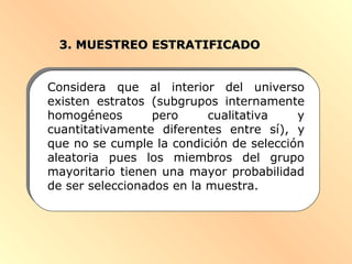 3. MUESTREO ESTRATIFICADO3. MUESTREO ESTRATIFICADO
Considera que al interior del universo
existen estratos (subgrupos internamente
homogéneos pero cualitativa y
cuantitativamente diferentes entre sí), y
que no se cumple la condición de selección
aleatoria pues los miembros del grupo
mayoritario tienen una mayor probabilidad
de ser seleccionados en la muestra.
 