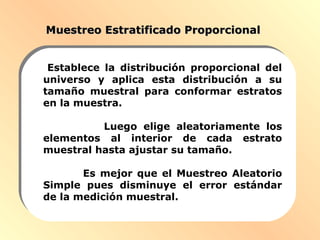 Muestreo Estratificado ProporcionalMuestreo Estratificado Proporcional
Establece la distribución proporcional del
universo y aplica esta distribución a su
tamaño muestral para conformar estratos
en la muestra.
Luego elige aleatoriamente los
elementos al interior de cada estrato
muestral hasta ajustar su tamaño.
Es mejor que el Muestreo Aleatorio
Simple pues disminuye el error estándar
de la medición muestral.
 