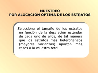 MUESTREOMUESTREO
POR ALOCACIÓN OPTIMA DE LOS ESTRATOSPOR ALOCACIÓN OPTIMA DE LOS ESTRATOS
Selecciona el tamaño de los estratos
en función de la desviación estándar
de cada uno de ellos, de tal manera
que los estratos más heterogéneos
(mayores varianzas) aporten más
casos a la muestra total.
 