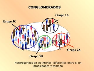 CONGLOMERADOSCONGLOMERADOS
Heterogéneos en su interior; diferentes entre sí en
propiedades y tamaño
Grupo 5CGrupo 5C
Grupo 1AGrupo 1A
Grupo 2AGrupo 2A
Grupo 3BGrupo 3B
Grupo 5CGrupo 5C
Grupo 1AGrupo 1A
Grupo 2AGrupo 2A
Grupo 3BGrupo 3B
 