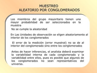 MUESTREOMUESTREO
ALEATORIO POR CONGLOMERADOSALEATORIO POR CONGLOMERADOS
Los miembros del grupo mayoritario tienen una
mayor probabilidad de ser seleccionados en la
muestra
En Las Unidades de observación se eligen aleatoriamente al
interior de los conglomerados
El error de la medición (error muestral) no se de al
interior del conglomerado sino entre los conglomerados
Antes de hacer inferencias, el analista deberá examinar
la variabilidad interna de cada conglomerado y la
variabilidad entre ellos, pues es posible que algunos de
los conglomerados no sean representativos del
universo.
No se cumple la aleatoridad
 