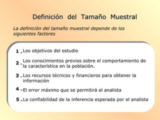 DeDefinición del Tamaño Muestralfinición del Tamaño Muestral
La definición del tamaño muestral depende de los
siguientes factores
Los objetivos del estudio
Los conocimientos previos sobre el comportamiento de
la característica en la población.
Los recursos técnicos y financieros para obtener la
información
El error máximo que se permitirá el analista
La confiabilidad de la inferencia esperada por el analista
11 ..
2 .2 .
3 .3 .
4 .4 .
5 .5 .
 