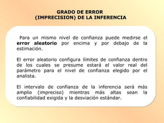 GRADO DE ERRORGRADO DE ERROR
(IMPRECISION) DE LA INFERENCIA(IMPRECISION) DE LA INFERENCIA
Para un mismo nivel de confianza puede medirse el
error aleatorio por encima y por debajo de la
estimación.
El error aleatorio configura límites de confianza dentro
de los cuales se presume estará el valor real del
parámetro para el nivel de confianza elegido por el
analista.
El intervalo de confianza de la inferencia será más
amplio (impreciso) mientras más altas sean la
confiabilidad exigida y la desviación estándar.
 