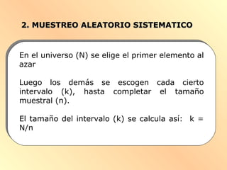 2. MUESTREO ALEATORIO SISTEMATICO2. MUESTREO ALEATORIO SISTEMATICO
En el universo (N) se elige el primer elemento al
azar
Luego los demás se escogen cada cierto
intervalo (k), hasta completar el tamaño
muestral (n).
El tamaño del intervalo (k) se calcula así: k =
N/n
 