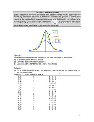 s . La aproximación será cada 
10 
Teorema del límite central 
Si se seleccionan muestras aleatorias de n observaciones de...