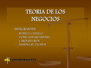 TEORIA DE LOS
        NEGOCIOS
INTEGRANTES:
  RUBIELA CASTILLO
  DORIS AMPARO RIVERA
  CAROLINA RIOS
  XIMENA M. ULCHUR
 