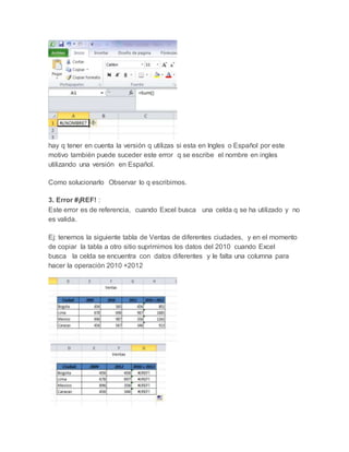 hay q tener en cuenta la versión q utilizas si esta en Ingles o Español por este
motivo también puede suceder este error q se escribe el nombre en ingles
utilizando una versión en Español.
Como solucionarlo Observar lo q escribimos.
3. Error #¡REF! :
Este error es de referencia, cuando Excel busca una celda q se ha utilizado y no
es valida.
Ej: tenemos la siguiente tabla de Ventas de diferentes ciudades, y en el momento
de copiar la tabla a otro sitio suprimimos los datos del 2010 cuando Excel
busca la celda se encuentra con datos diferentes y le falta una columna para
hacer la operación 2010 +2012
 