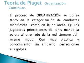El proceso de ORGANIZACIÓN se utiliza tanto en la categorización de conductas manifiestas  como en la de ideas. Ej: Los jugadores principiantes de tenis manda la pelota al otro lado de la red siempre del  mismo modo. Con mas practica y conocimiento, sin embargo, perfeccionan sus golpes.  