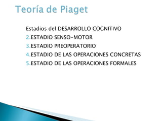 Estadios del DESARROLLO COGNITIVO ESTADIO SENSO-MOTOR ESTADIO PREOPERATORIO ESTADIO DE LAS OPERACIONES CONCRETAS ESTADIO DE LAS OPERACIONES FORMALES 