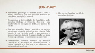 JEAN - PIAGET
Slide 3/10
• Renomado psicólogo e filósofo suíço (1896 –
1980), conhecido por seu trabalho pioneiro no
campo da inteligência infantil.
• Frequentou a Universidade de Neuchâtel, onde
estudou Biologia e Filosofia. Recebeu seu
doutorado em Biologia em 1918, aos 22anos de
idade.
• Em seu trabalho, Piaget identifica os quatro
estágios de evolução mental de uma criança. Cada
estágio é um período onde o pensamento e
comportamento infantil é caracterizado por uma
forma específica de conhecimento e raciocínio.
• Desenvolveu diversos campos de estudos
científicos: a psicologia do desenvolvimento, a
teoria cognitiva e o que veio a ser chamado de
epistemologia genética.
• Morreu em Genebra, em 17 de
setembro de 1980.
 