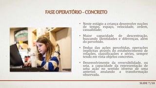 FASE OPERATÓRIO - CONCRETO
• Neste estágio a criança desenvolve noções
de tempo, espaço, velocidade, ordem,
casualidade;
• Maior capacidade de descentração,
buscando identidades e diferenças, além
do percebido.
• Deduz das ações percebidas, operações
implícitas através do estabelecimento de
relações, classificações e séries, sempre
tendo em vista objetos concretos.
• Desenvolvimento da reversibilidade, ou
seja, a capacidade da representação de
uma ação no sentido inverso de uma
anterior, anulando a transformação
observada.
SLIDE 7/10
 
