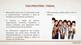 FASE OPERATÓRIO - FORMAL
• Abstração total, não se limitando mais
à representação imediata e nem às
relações previamente existentes.
• A criança é capaz de pensar
logicamente, formular hipóteses e
buscar soluções, sem depender mais
só da observação da realidade.
• as estruturas cognitivas da criança
alcançam seu nível mais elevado de
desenvolvimento e tornam-se aptas a
aplicar o raciocínio lógico a todas as
classes de problemas.
• Diferenciação nítida entre o EU e o
objeto.
SLIDE 8/10
 