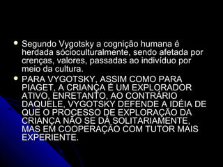  Segundo Vygotsky a cognição humana éSegundo Vygotsky a cognição humana é
herdada sócioculturalmente, sendo afetada porherdada sócioculturalmente, sendo afetada por
crenças, valores, passadas ao indivíduo porcrenças, valores, passadas ao indivíduo por
meio da cultura.meio da cultura.
 PARA VYGOTSKY, ASSIM COMO PARAPARA VYGOTSKY, ASSIM COMO PARA
PIAGET, A CRIANÇA É UM EXPLORADORPIAGET, A CRIANÇA É UM EXPLORADOR
ATIVO, ENRETANTO, AO CONTRÁRIOATIVO, ENRETANTO, AO CONTRÁRIO
DAQUELE, VYGOTSKY DEFENDE A IDÉIA DEDAQUELE, VYGOTSKY DEFENDE A IDÉIA DE
QUE O PROCESSO DE EXPLORAÇÃO DAQUE O PROCESSO DE EXPLORAÇÃO DA
CRIANÇA NÃO SE DÁ SOLITARIAMENTE,CRIANÇA NÃO SE DÁ SOLITARIAMENTE,
MAS EM COOPERAÇÃO COM TUTOR MAISMAS EM COOPERAÇÃO COM TUTOR MAIS
EXPERIENTE.EXPERIENTE.
 