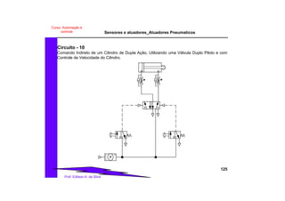 Sensores e atuadores_Atuadores Pneumaticos
125
Prof. Edilson A. da Silva
Curso: Automação e
controle
Circuito - 10
Comando Indireto de um Cilindro de Dupla Ação, Utilizando uma Válvula Duplo Piloto e com
Controle de Velocidade do Cilindro.
 
