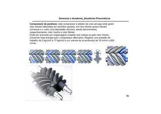 Sensores e atuadores_Atuadores Pneumaticos
16
Compressor de parafuso: este compressor é dotado de uma carcaça onde giram
dois rotores helicoidais em sentidos opostos. Um dos rotores possui lóbulos
convexos e o outro uma depressão côncava, sendo denominados,
respectivamente, rotor macho e rotor fêmea.
Pode ser acionado por engrenagens isoladas dos rotores ou pelo rotor macho.
Consome mais energia que o compressor alternativo. Registra uma pressão de
trabalho de 3 kg/cm2 a 17 kg/cm2 e um volume de ar produzido de 18 m/min a 600
m/min.
 