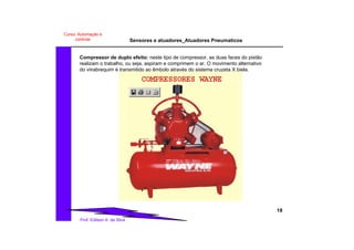 Sensores e atuadores_Atuadores Pneumaticos
18
Prof. Edilson A. da Silva
Curso: Automação e
controle
Compressor de duplo efeito: neste tipo de compressor, as duas faces do pistão
realizam o trabalho, ou seja, aspiram e comprimem o ar. O movimento alternativo
do viirabrequim é transmitido ao êmbolo através do sistema cruzeta X biela.
 