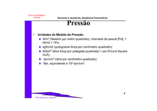 Sensores e atuadores_Atuadores Pneumaticos
6
Prof. Edilson A. da Silva
Curso: Automação e
controle
• Unidades de Medida de Pressão:
N/m2 (Newton por metro quadrado), chamada de pascal [Pa]; 1
N/m2 = 1Pa;
kgf/cm2 (quilograma força por centímetro quadrado);
lbf/pol2 (libra força por polegada quadrada) = psi (Pound Square
Inch);
dyn/cm2 (dina por centímetro quadrado);
Bar, equivalente a 106 dyn/cm2.
Pressão
 