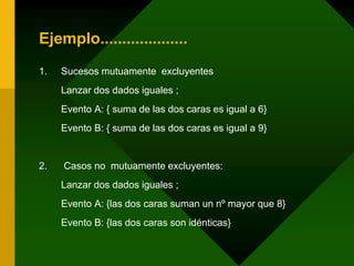 Ejemplo....................
1. Sucesos mutuamente excluyentes
Lanzar dos dados iguales ;
Evento A: { suma de las dos caras es igual a 6}
Evento B: { suma de las dos caras es igual a 9}
2. Casos no mutuamente excluyentes:
Lanzar dos dados iguales ;
Evento A: {las dos caras suman un nº mayor que 8}
Evento B: {las dos caras son idénticas}
 