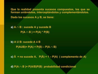Que la realidad presenta sucesos compuestos, los que se
forman uniéndolos, interceptándolos y complementándolos.
Dado los sucesos A y B, se tiene:
a) A  B : sucede A y sucede B
P(A  B ) = P(A) * P(B)
b) A U B: sucede A ó B
P(AUB)= P(A) + P(B) – P(A  B)
c) Ǎ = no sucede A, P(Ǎ) = 1 – P(A) ( complemento de A)
d) P(A  B )= P(A/B)P(B) probabilidad condicional
 