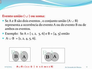 Evento união (  ) ou soma:
 Se A e B são dois eventos , o conjunto união (A  B)
representa a ocorrência do evento A ou do evento B ou de
ambos os eventos.
 Exemplo: Se A = { 1, 2, 5, 6} e B = {4, 5} então
 A  B = {1, 2, 4, 5, 6}.
A  B = { x  Ω | x  A ou x  B}
10/03/2023 Dr. Fernando de Oliveira 12
 