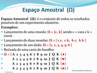 Espaço Amostral (Ω)
Espaço Amostral (Ω): é o conjunto de todos os resultados
possíveis de um experimento aleatório.
Exemplos:
 Lançamento de uma moeda: Ω = {c, k} sendo c = cara e k =
coroa
 Lançamento de duas moedas: Ω = { c c, c k, k c, k k }
 Lançamento de um dado: Ω = {1, 2, 3, 4, 5, 6 }
 Retirada de uma carta do baralho:
 Ω = { A 2 3 4 5 6 7 8 9 10 J Q K ()
 A 2 3 4 5 6 7 8 9 10 J Q K ()
 A 2 3 4 5 6 7 8 9 10 J Q K ()
 A 2 3 4 5 6 7 8 9 10 J Q K () }
10/03/2023
Dr. Fernando de Oliveira 5
 
