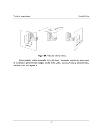 Teoría de proyecciones Ricardo Urriola
27
Figura 34. Vistas del sistema diédrico.
Como cualquier objeto rectangular tiene seis lados y se pueden obtener seis vistas, pero
la combinación generalmente escogida consta de las vistas: superior, frontal y lateral derecha,
como se indica en la Figura 34.
 
