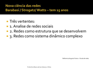    Três vertentes:
   1. Analise de redes sociais
   2. Redes como estrutura que se desenvolvem
   3. Redes como sistema dinâmico complexo




                                                     Referencia Augusto Franco – Escola de redes




             Profa Dra Maria de los Dolores J Peña
 