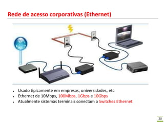 20
Rede de acesso corporativas (Ethernet)
● Usado tipicamente em empresas, universidades, etc
● Ethernet de 10Mbps, 100Mbps, 1Gbps e 10Gbps
● Atualmente sistemas terminais conectam a Switches Ethernet
 