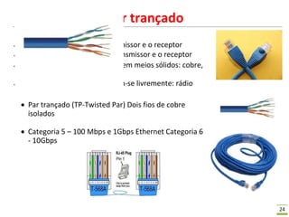 24
Meios Físicos – Par trançado
● Bit: Propaga-se entre o transmissor e o receptor
● Enlace Físico: está entre o transmissor e o receptor
● Meios guiados: propagam-se em meios sólidos: cobre,
fibra, cabo coaxial
● Meios não guiados: propagam-se livremente: rádio
 Par trançado (TP-Twisted Par) Dois fios de cobre
isolados
 Categoria 5 – 100 Mbps e 1Gbps Ethernet Categoria 6
- 10Gbps
 