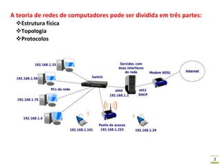 3
A teoria de redes de computadores pode ser dividida em três partes:
Estrutura física
Topologia
Protocolos
 