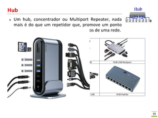 39
Hub
 Um hub, concentrador ou Multiport Repeater, nada
mais é do que um repetidor que, promove um ponto
de conexão física entre os equipamentos de uma rede.
HUB Padrão HUB Extensor USB Modem USB HUB USB Multport
HUB USB Multport HUB USB Multport HUB Extensor USB HUB Padrão
 