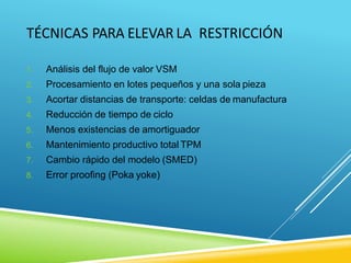TÉCNICAS PARA ELEVAR LA RESTRICCIÓN
1. Análisis del flujo de valor VSM
2. Procesamiento en lotes pequeños y una sola pieza
3. Acortar distancias de transporte: celdas de manufactura
4. Reducción de tiempo de ciclo
5. Menos existencias de amortiguador
6. Mantenimiento productivo total TPM
7. Cambio rápido del modelo (SMED)
8. Error proofing (Poka yoke)
 