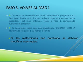 PASO 5. VOLVER AL PASO1
  En cuanto se ha elevado una restricción debemos preguntarnos si
ésta sigue siendo tal o si ahora existen otros recursos con menor
capacidad. Debemos, entonces, volver al Paso 1, comenzando
nuevamente el Proceso.
  Es importante hacer aquí una advertencia: ¡CUIDADO CON LA
INERCIA!. En los pasos 1 a 3 hemos definido
 Si las restricciones han cambiado se deberán
modificar esas reglas.
 