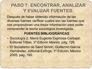 PASO 7: ENCONTRAR, ANALIZAR
      Y EVALUAR FUENTES.
Después de haber obtenido información de las
diversas fuentes verificar cuales son las fuentes que
nos proporcionan una mejor información para poder
comprender la teoría sociológica investigada.
             FUENTES BIBLIOGRÁFICAS
 Sociología 2, María Eugenia Espinosa Carbajal,
  Editorial Trillas, 3ª Edición México, pág. 126.
 El Socialismo de Saint Simón, Guillermo García
  Hernández, editorial Esfinge, 1ª Edición, México
  2005, pág. 190.
 