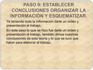 PASO 9: ESTABLECER
   CONCLUSIONES ORGANIZAR LA
  INFORMACIÓN Y ESQUEMATIZAR.
Ya teniendo toda la información darle un orden y
presentación al trabajo.
En este paso lo que se hizo fue darle un orden y
presentación al trabajo, también dimos nuestras
conclusiones de esta teoría y lo que se tuvo que
hacer para elaborar el trabajo.
 