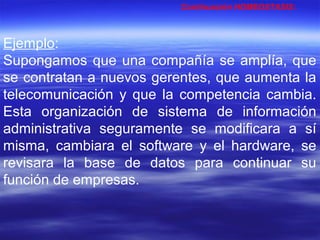 Ejemplo:
Supongamos que una compañía se amplía, que
se contratan a nuevos gerentes, que aumenta la
telecomunicación y que la competencia cambia.
Esta organización de sistema de información
administrativa seguramente se modificara a sí
misma, cambiara el software y el hardware, se
revisara la base de datos para continuar su
función de empresas.
Continuación HOMEOSTASIS:
 