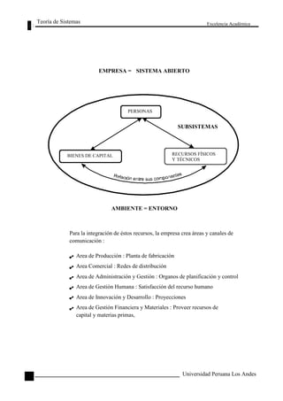 Teoría de Sistemas 
EMPRESA = SISTEMA ABIERTO 
PERSONAS 
Excelencia Académica 
BIENES DE CAPITAL 
SUBSISTEMAS 
RECURSOS FÍSICOS 
Y TÉCNICOS 
80 
AMBIENTE = ENTORNO 
Para la integración de éstos recursos, la empresa crea áreas y canales de 
comunicación : 
Area de Producción : Planta de fabricación 
Area Comercial : Redes de distribución 
Area de Administración y Gestión : Organos de planificación y control 
Area de Gestión Humana : Satisfacción del recurso humano 
Area de Innovación y Desarrollo : Proyecciones 
Area de Gestión Financiera y Materiales : Proveer recursos de 
capital y materias primas, 
Universidad Peruana Los Andes  
