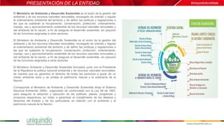 PRESENTACIÓN DE LA ENTIDAD
El Ministerio de Ambiente y Desarrollo Sostenible es el rector de la gestión del
ambiente y de los recursos naturales renovables, encargado de orientar y regular
el ordenamiento ambiental del territorio y de definir las políticas y regulaciones a
las que se sujetarán la recuperación, conservación, protección, ordenamiento,
manejo, uso y aprovechamiento sostenible de los recursos naturales renovables y
del ambiente de la nación, a fin de asegurar el desarrollo sostenible, sin perjuicio
de las funciones asignadas a otros sectores.
El Ministerio de Ambiente y Desarrollo Sostenible es el rector de la gestión del
ambiente y de los recursos naturales renovables, encargado de orientar y regular
el ordenamiento ambiental del territorio y de definir las políticas y regulaciones a
las que se sujetarán la recuperación, conservación, protección, ordenamiento,
manejo, uso y aprovechamiento sostenible de los recursos naturales renovables y
del ambiente de la nación, a fin de asegurar el desarrollo sostenible, sin perjuicio
de las funciones asignadas a otros sectores.
El Ministerio Ambiente y Desarrollo Sostenible formulará, junto con el Presidente
de la República la política nacional ambiental y de recursos naturales renovables,
de manera que se garantice el derecho de todas las personas a gozar de un
medio ambiente sano y se proteja el patrimonio natural y la soberanía de la
Nación.
Corresponde al Ministerio de Ambiente y Desarrollo Sostenible dirigir el Sistema
Nacional Ambiental -SINA-, organizado de conformidad con la Ley 99 de 1993,
para asegurar la adopción y ejecución de las políticas, planes, programas y
proyectos respectivos, en orden a garantizar el cumplimiento de los deberes y
derechos del Estado y de los particulares en relación con el ambiente y el
patrimonio natural de la Nación.
 