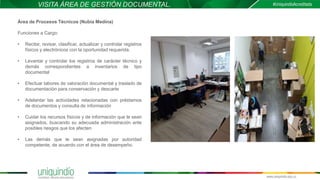VISITA ÁREA DE GESTIÓN DOCUMENTAL.
Área de Procesos Técnicos (Nubia Medina)
Funciones a Cargo:
• Recibir, revisar, clasificar, actualizar y controlar registros
físicos y electrónicos con la oportunidad requerida.
• Levantar y controlar los registros de carácter técnico y
demás correspondientes a inventarios de tipo
documental
• Efectuar labores de valoración documental y traslado de
documentación para conservación y descarte
• Adelantar las actividades relacionadas con préstamos
de documentos y consulta de información
• Cuidar los recursos físicos y de información que le sean
asignados, buscando su adecuada administración ante
posibles riesgos que los afecten
• Las demás que le sean asignadas por autoridad
competente, de acuerdo con el área de desempeño.
 