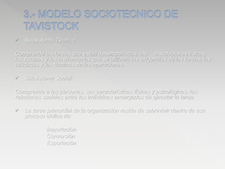  Subsistema Técnico:
Comprende las tareas que están desempeñadas, las instalaciones físicas,
los equipos y los instrumentos que se utilizan, las exigencias de las tareas, las
utilidades y las técnicas de las operaciones.
 Subsistema Social:
Comprende a las personas, sus características físicas y psicológicas, las
relaciones sociales entre los individuos encargados de ejecutar la tarea.
 La tarea primordial de la organización reside de sobrevivir dentro de ese
proceso cíclico de:
Importación
Conversión
Exportación
 