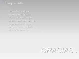  Integrantes:
Lacárcel rojas, Hugo
Moya chávez, Rebeca
Ponte marreros, Brenda
Samillan cespedes ,Cristian
Solano maurtua ,Lucero
Vázquez kinichi ,José Luis
Vicente Jiménez, Luz
GRACIAS .
 