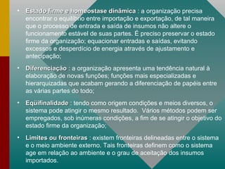 Estado firme e homeostase dinâmica  : a organização precisa encontrar o equilíbrio entre importação e exportação, de tal maneira que o processo de entrada e saída de insumos não altere o funcionamento estável de suas partes. É preciso preservar o estado firme da organização; equacionar entradas e saídas, evitando excessos e desperdício de energia através de ajustamento e antecipação; Diferenciação   : a organização apresenta uma tendência natural à elaboração de novas funções; funções mais especializadas e hierarquizadas que acabam gerando a diferenciação de papéis entre as várias partes do todo; Eqüifinalidade  : tendo como origem condições e meios diversos, o sistema pode atingir o mesmo resultado.  Vários métodos podem ser empregados, sob inúmeras condições, a fim de se atingir o objetivo do estado firme da organização; Limites ou fronteiras   : existem fronteiras delineadas entre o sistema e o meio ambiente externo. Tais fronteiras definem como o sistema age em relação ao ambiente e o grau de aceitação dos insumos importados.  