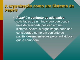 A organização como um Sistema de Papéis Papel   é o  conjunto de atividades  solicitadas de um indivíduo que ocupa uma determinada posição em um sistema. Assim, a organização pode ser considerada como um conjunto de papéis desempenhados pelos indivíduos que a compõem.  