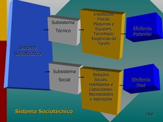 Sistema Sociotécnico Subsistema Técnico Subsistema Social Instalações Físicas, Máquinas e Equipam, Tecnologia, Exigências da Tarefa Eficiência Real Eficiência Potencial Pessoas, Relações Sociais, Habilidades e Capacidades, Necessidades e Aspirações Sistema Sociotécnico JRM 