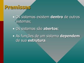 Premissas Os sistemas existem  dentro  de outros sistemas; Os sistemas são  abertos ; As funções de um sistema  dependem  de sua  estrutura . 