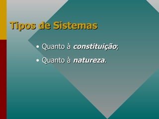 Tipos de Sistemas Quanto à  constituição ; Quanto à  natureza . 