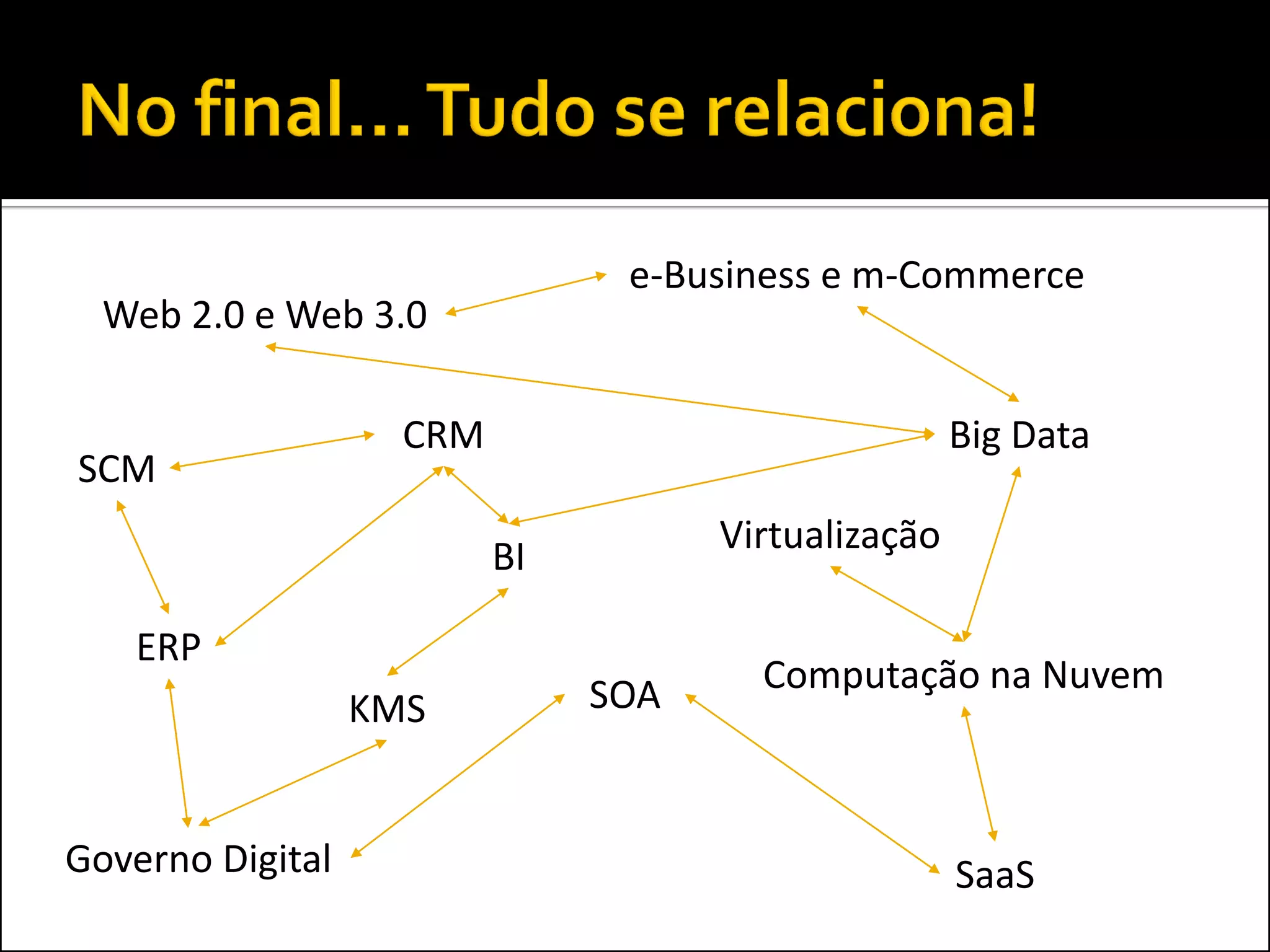 e-Business e m-Commerce
  Web 2.0 e Web 3.0

                    CRM                              Big Data
SCM
                                     Virtualização
                          BI

   ERP
                               SOA     Computação na Nuvem
                  KMS


Governo Digital                                      SaaS
 