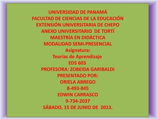 UNIVERSIDAD DE PANAMÁ
FACULTAD DE CIENCIAS DE LA EDUCACIÓN
EXTENSIÓN UNIVERSITARIA DE CHEPO
ANEXO UNIVERSITARIO DE TORTÍ
MAESTRÍA EN DIDÁCTICA
MODALIDAD SEMI-PRESENCIAL
Asignatura:
Teorías de Aprendizaje
EDS 603
PROFESORA: ZOBEIDA GARIBALDI
PRESENTADO POR:
ORIELA ABREGO
8-493-845
EDWIN CARRASCO
9-734-2037
SÁBADO, 15 DE JUNIO DE 2013.

 